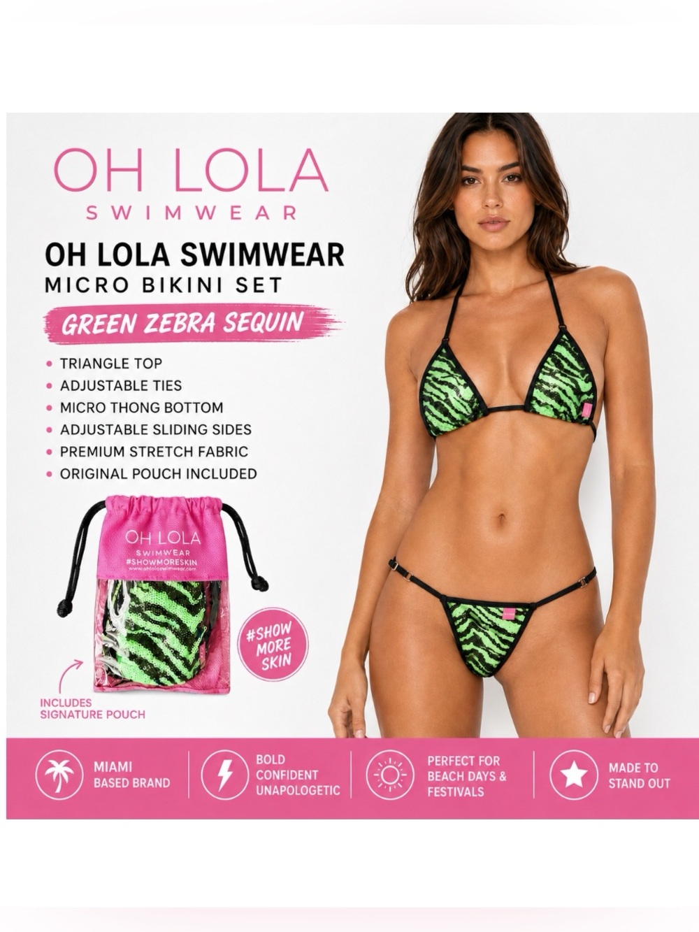 Oh Lola Swimwear Green Zebra Sequin Micro Bikini Set – Size Small